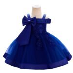 Girls Princess Blue Disco ball Dress, Tulle Bow Lace Embroidery Flower Girl Dress