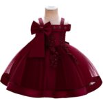 Girls Princess Red Disco ball Dress, Tulle Bow Lace Embroidery Flower Girl Dress